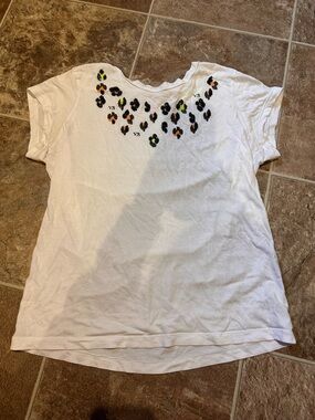 Victoria's Secret White Short Sleeve Tee with Neon Leopard Collar Embellishment